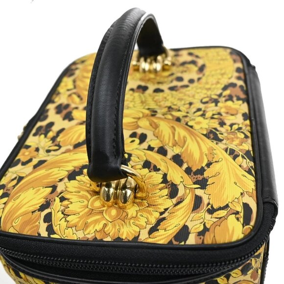 GIANNI VERSACE Logo Sun Vanity Hand Bag PVC Leather Black Gold - Picture 15 of 16